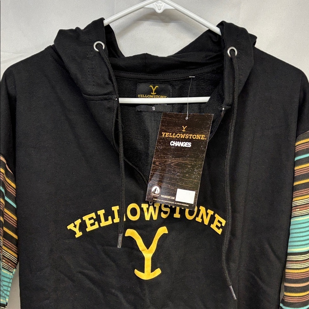 Yellowstone Black mid zip up Hoodie with Striped long Sleeves small - Picture 11 of 11